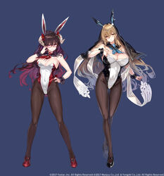  2girls animal_ears azur_lane black_footwear black_hair black_leotard black_pantyhose black_sailor_collar blonde_hair blue_background blue_neckerchief breasts cleavage colored_inner_hair covered_navel don_quijote_(store) fake_animal_ears full_body habit hair_between_eyes hand_on_own_hip highleg highleg_leotard highres implacable_(azur_lane) large_breasts leotard multicolored_hair multiple_girls neckerchief nun official_art pantyhose parted_lips playboy_bunny purple_hair rabbit_ears red-framed_eyewear red_footwear red_leotard red_neckerchief sailor_collar shiokonbu simple_background smile suruga_(azur_lane) two-tone_leotard white_leotard wrist_cuffs 