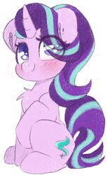  2019 blue_eyes blush chest_tuft cutie_mark equid equine female feral friendship_is_magic fur hasbro hi_res horn itsspoopsb looking_up mammal my_little_pony mythological_creature mythological_equine mythology pink_body pink_fur simple_background sitting smile solo starlight_glimmer_(mlp) tuft unicorn white_background young 