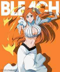  absurdres bleach bleach:_sennen_kessen-hen breasts brown_eyes cleavage cleavage_cutout clothing_cutout commentary copyright_name curvy detached_sleeves drop_shadow eyelashes female fighting_stance floating_hair hair_ornament hairclip highres inoue_orihime large_breasts long_hair long_skirt long_sleeves looking_at_viewer navel nose open_mouth orange_background orange_hair rakusakugk shirt shun_shun_rikka simple_background skirt solo standing standing_on_one_leg stomach straight_hair twitter_username v-shaped_eyebrows very_long_hair white_shirt white_skirt white_sleeves 