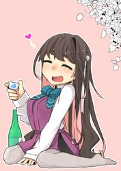  alcohol black_hair blue_bow blue_bowtie bottle bow bowtie choko_(cup) closed_eyes cup dress drunk female grey_pantyhose hair_down hairband halterneck highres kantai_collection long_hair macbail multicolored_hair naganami_(kancolle) naganami_kai_ni_(kancolle) oerba_yun_fang pantyhose petals pink_hair pleated_dress purple_dress sake sake_bottle seamed_legwear shirt side-seamed_legwear sitting smile solo thick_eyebrows wariza wavy_hair white_hairband white_shirt 