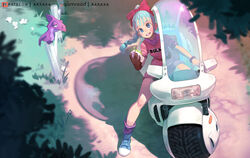  blue_eyes blue_hair blurry blurry_foreground bow braid braided_ponytail branch bulma_briefs clothes_writing dinosaur dragon_ball dragon_ball_(classic) dragon_radar english_commentary english_text female flower grass ground_vehicle gumroad_logo gumroad_username hairbow highres looking_at_viewer motor_vehicle open_mouth patreon_logo patreon_username sitting smile watermark xaxaxa 