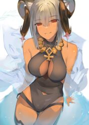  absurdres animal_ears arknights bare_shoulders black_one-piece_swimsuit breasts carnelian_(arknights) carnelian_(shimmering_dew)_(arknights) casual_one-piece_swimsuit cleavage clothing_cutout cowboy_shot dark-skinned_female dark_skin female goat_ears goat_girl goat_horns grey_hair groin highres horns large_breasts looking_at_viewer navel navel_cutout official_alternate_costume one-piece_swimsuit red_eyes short_hair simple_background sinoda smile solo swimsuit 