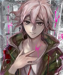  1boy blood broken_glass collarbone commentary_request danganronpa_(series) danganronpa_2:_goodbye_despair glass green_jacket grey_eyes grey_shirt hair_between_eyes hood hooded_jacket jacket komaeda_nagito long_sleeves looking_at_viewer male_focus medium_hair messy_hair open_clothes open_jacket parted_lips pink_blood print_shirt shirt smile solo tcb upper_body 