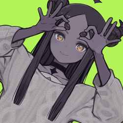  black_choker black_hair brown_eyes choker closed_mouth collarbone colored_skin dark-skinned_female dark_skin double_bun female green_background hair_bun hair_horns holding horns indie_virtual_youtuber kuroboshi_kouhaku long_hair roroboshi-chan simple_background smile solo upper_body very_dark_skin virtual_youtuber 