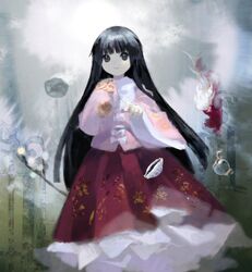  abstract_background bamboo_print black_eyes black_hair blunt_bangs bow bowl bowtie branch cape circle closed_mouth collared_shirt commentary cowry_shell dragon_ornament female floating floating_object floral_print frilled_skirt frills fur-trimmed_cape fur_trim gem hands_up highres hime_cut houraisan_kaguya jeweled_branch_of_hourai kaguya_hime kaigen_1025 long_hair long_skirt long_sleeves pink_shirt pointing pointing_at_viewer red_cape red_skirt seashell shaded_face shell shirt sidelocks skirt sleeves_past_fingers sleeves_past_wrists smile solo steam straight_hair taketori_monogatari touhou very_long_hair white_bow white_bowtie wide_sleeves 