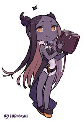  bare_shoulders blush brown_hair chocolate cleavage_cutout closed_mouth clothing_cutout dark-skinned_female dark_skin diamond_cutout double_bun eating female food grey_background hair_bun hair_horns holding holding_chocolate holding_food horns indie_virtual_youtuber kuroboshi_kouhaku long_hair mini_wings orange_eyes roroboshi-chan simple_background solo turtleneck twitter_username very_dark_skin very_long_hair virtual_youtuber wings 