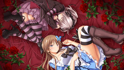  2girls black_footwear black_skirt black_thighhighs blonde_hair blue_dress blue_eyes blush boots breasts brown_footwear butterfly_hair_ornament closed_mouth collarbone dress fetal_position flower fold-over_boots frilled_dress frilled_thighhighs frills full_body hair_ornament hairband hapymaher high_heels highres knee_boots koku lolita_hairband long_hair looking_at_viewer lying medium_breasts multiple_girls naitou_maia official_art on_side platform_footwear platform_heels purple_skirt purple_thighhighs red_flower red_rose rose shoes short_dress single_thighhigh skirt striped_clothes striped_thighhighs thighhighs thighs toriumi_arisu white_thighhighs zettai_ryouiki 