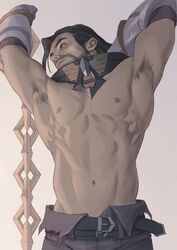  1boy abs armpit_hair armpits bara beard black_hair chains facial_hair highres large_pectorals league_of_legends leaning_back long_hair looking_to_the_side male_focus mature_male moustache muscular muscular_male navel nipples pectorals saturn_(satscarlet) solo stomach stretching sylas_(league_of_legends) topless_male 