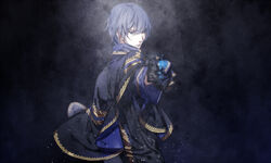  1boy black_background black_gloves blue_eyes blue_hair blue_theme capelet closed_mouth from_side frown giving gloves glowing hair_between_eyes kaito_(vocaloid) light_particles long_sleeves looking_at_viewer male_focus outstretched_arm project_diva_(series) rosa_blue_(module) short_hair sleeve_cuffs upper_body vocaloid witchonly 