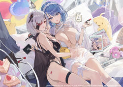  2girls alternate_hair_color animal ass azur_lane babydoll balloon bare_arms bare_shoulders bird blue_eyes blue_hair breasts cake cake_slice cellphone chapayev_(azur_lane) chapayev_(white_cavalier&#039;s_respite)_(azur_lane) choker cleavage company_connection company_name covered_navel doughnut eyepatch fingernails food hair_ornament hairband heart highres holding kuybyshev_(azur_lane) large_breasts lipstick logo looking_at_viewer makeup manjuu_(azur_lane) mole mole_on_breast multiple_girls nail_polish official_art panties phone pillow red_eyes see-through serie_niai short_hair simple_background smile sparkle thigh_strap thighs thong underwear white_hair 