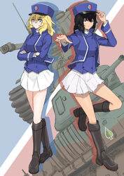  2girls absurdres adjusting_clothes adjusting_headwear andou_(girls_und_panzer) arl-44 bc_freedom_(emblem) bc_freedom_military_uniform black_footwear black_hair blonde_hair blue_background blue_eyes blue_headwear blue_jacket blue_vest boots brown_eyes closed_mouth commentary_request crossed_arms dark-skinned_female dark_skin dress_shirt emblem french_commentary frown girls_und_panzer hat high_collar highres jacket kepi knee_boots leg_up long_sleeves looking_at_viewer medium_hair messy_hair military military_hat military_uniform military_vehicle miniskirt mixed-language_commentary motor_vehicle multicolored_background multiple_girls oshida_(girls_und_panzer) pleated_skirt pointing red_background s35 shibainutank shirt silhouette skirt spade_(shape) standing standing_on_one_leg tank uniform vest white_shirt white_skirt 