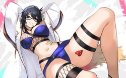  absurdres arms_behind_head bad_id bad_twitter_id bikini black_hair blue_bikini blue_eyes breasts fake_tail female ganesagi glasses granblue_fantasy hairband highres illnott_(granblue_fantasy) illnott_(summer)_(granblue_fantasy) jacket jacket_over_swimsuit large_breasts navel o-ring o-ring_bikini official_alternate_costume swimsuit tail thick_thighs thigh_strap thighs white_jacket 