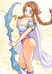  absurdres aerith_gainsborough armor arrow_(projectile) boots bow_(weapon) braid braided_ponytail breasts brown_hair cape cleavage commission cosplay female final_fantasy final_fantasy_iv final_fantasy_vii green_eyes highres holding holding_arrow holding_bow_(weapon) holding_weapon leotard looking_at_viewer mikan_ame_q pixiv_commission rosa_farrell rosa_farrell_(cosplay) shoulder_armor solo weapon white_cape 