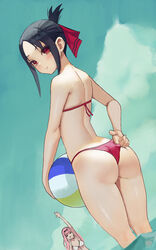  2girls adjusting_clothes adjusting_swimsuit arm_up ass ball beachball bell bikini black_bow black_hair blue_sky blush bow closed_mouth cloud day duplicate folded_ponytail from_behind fujiwara_chika hair_ribbon hairbow highres holding holding_ball holding_bell kaguya-sama_wa_kokurasetai_~tensai-tachi_no_renai_zunousen~ long_hair looking_at_viewer looking_back multiple_girls open_mouth pink_hair pixel-perfect_duplicate red_bikini red_eyes red_ribbon ribbon shinomiya_kaguya short_hair sidelocks sky summer swimsuit water white_bikini zefrableu 