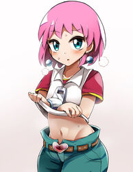  beauty_(bobobo-bo_bo-bobo) belt blue_eyes blush bobobo-bo_bo-bobo denim diz_(diznaoto) earrings female highres jeans jewelry looking_at_viewer midriff navel open_mouth pants pink_hair short_hair solo standing sweat 