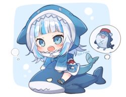  :o animal_hood aruya_(flosrota) bloop_(gawr_gura) blue_background blue_eyes blue_hair blue_hoodie blue_nails blue_socks blush chibi commentary female fins fish_tail gawr_gura gawr_gura_(1st_costume) grey_hair hololive hololive_english hood hood_up hoodie long_hair long_sleeves looking_at_viewer multicolored_hair nail_polish open_mouth shark_hood shark_tail sharp_teeth shoes sleeves_past_wrists socks streaked_hair stuffed_animal stuffed_shark stuffed_toy symbol-only_commentary tail teeth twitter_username two-tone_background virtual_youtuber white_background white_footwear wide_sleeves 