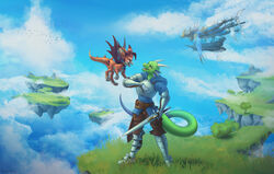  2021 absurd_res ambient_bird ambient_flier ambient_silhouette anthro avian bird bitemylip clothed clothing cloud cygames day detailed_background digital_media_(artwork) dragon duo_focus feral granblue_fantasy grass group hi_res holding_melee_weapon holding_object holding_sword holding_weapon male melee_weapon mythological_creature mythological_scalie mythology open_mouth outside plant scalie silhouette sky smile sword tail teeth tongue vyrn weapon 