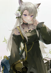  absurdres animal_ears arknights bag black_dress blush closed_mouth collarbone cowboy_shot dress female flower gas_mask gradient gradient_background grey_background hair_flower hair_ornament hand_up heavyrain_(arknights) heavyrain_(tranquil_moss)_(arknights) highres horse_ears long_hair long_sleeves looking_at_viewer mask official_alternate_costume purple_eyes rose shijiujun silver_hair solo very_long_hair white_flower white_rose 