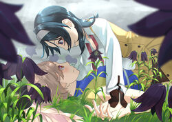  2girls black_flower black_hair blonde_hair blush breasts cleavage cover cover_page dress eye_contact flower grey_background grin headband highres holding_hands kamchatka_lily lily_(flower) long_hair long_sleeves looking_at_another lying medium_hair menou_(virgin_road) multiple_girls neck_ribbon novel_cover on_back on_grass on_ground ponytail purple_eyes red_ribbon ribbon shirt shokei_shoujo_no_virgin_road smile straddling tokitou_akari undone_neck_ribbon white_shirt yellow_dress yonaga_nagaduki yuri 