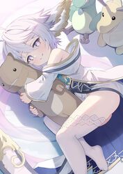  animal_ears bare_shoulders blue_eyes closed_mouth commentary_request dress female granblue_fantasy highres holding holding_stuffed_toy kimblee looking_at_viewer lying on_side short_hair smile solo stuffed_animal stuffed_toy thighhighs wamdus_(granblue_fantasy) white_dress white_hair white_thighhighs 