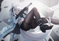  abstract_background ahoge animal_ear_fluff animal_ears ass assault_rifle belt black_gloves black_pantyhose black_shirt black_shorts blue_eyes blush boots breasts chestnut_mouth coat commentary crop_top debris female floating foot_out_of_frame fox_ears fox_girl fox_tail gloves grey_background groin gun hair_between_eyes hair_ornament hairclip headgear high_heel_boots high_heels highres holding holding_gun holding_weapon hood hooded_coat knee_up lens_flare long_sleeves long_tail looking_at_viewer medium_hair midriff mirufuaa navel open_clothes open_coat open_mouth original pantyhose rifle shiny_clothes shirt short_shorts shorts sidelocks small_breasts solo stomach tail thighband_pantyhose thighs trigger_discipline v-shaped_eyebrows weapon white_background white_belt white_coat white_hair 