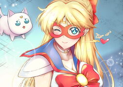  aino_minako artemis_(sailor_moon) back_bow bishoujo_senshi_sailor_moon bishoujo_senshi_sailor_moon_s blonde_hair blue_background blue_sailor_collar bow breasts cigar_cat cleavage codename_wa_sailor_v commentary crescent crescent_facial_mark derivative_work english_commentary facial_mark feline female forehead_mark gradient_background highres large_breasts long_hair magical_girl mask meme one_eye_closed sailor_collar sailor_moon_redraw_challenge_(meme) sailor_senshi_uniform sailor_v school_uniform screenshot_redraw shiba_koen_middle_school_uniform shoulder_pads smile upper_body 