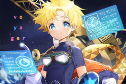  1boy black_shirt blonde_hair blue_eyes character_name earth_(planet) fate/grand_order fate/requiem fate_(series) gloves goggles goggles_around_neck holographic_interface hongsi male_focus planet scarf shirt smile space unworn_scarf voyager_(fate) voyager_(third_ascension)_(fate) voyager_probe white_gloves 