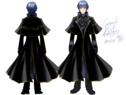  1boy arms_at_sides ascot black_coat black_footwear black_gloves black_pants blue_eyes blue_flower blue_hair blue_rose cantarella_(vocaloid) character_name closed_mouth coat commentary_request flower frown gloves itto_maru kaito_(vocaloid) long_sleeves looking_at_viewer male_focus multiple_views pants project_diva_(series) rosa_blue_(module) rose shoes short_hair simple_background standing turnaround vocaloid white_background 