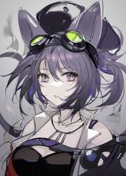  animal_ears arknights bare_shoulders breasts cat_ears cleavage cleavage_cutout clothing_cutout commentary female goggles goggles_on_head grey_background hair_between_eyes highres jewelry large_breasts looking_at_viewer necklace off_shoulder one_side_up parted_lips purple_eyes purple_hair qianzhu rockrock_(arknights) short_hair solo upper_body 