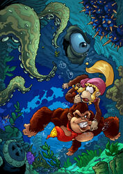  being_watched blonde_hair brown_body brown_fur bubble cephalopod clothing coleoid detailed_background dixie_kong donkey_kong_(character) donkey_kong_(series) donkey_kong_country_tropical_freeze feet fingers fish fur group hair haplorhine hat headgear headwear hi_res joelchan long_hair looking_at_another mammal marine mollusk monkey necktie nintendo octopodiform octopus open_mouth plant ponytail primate swimming teeth tentacle toes underwater water 