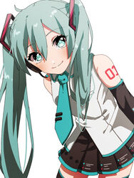  amaka_(maka_prsk) aqua_eyes aqua_hair aqua_necktie arms_behind_back bare_shoulders black_skirt black_sleeves black_thighhighs commentary cowboy_shot detached_sleeves female hair_ornament hatsune_miku headphones headset leaning_forward long_hair looking_at_viewer miniskirt necktie pleated_skirt project_sekai shirt shoulder_tattoo skirt sleeveless sleeveless_shirt smile solo tattoo thighhighs twintails very_long_hair vocaloid white_background white_shirt zettai_ryouiki 