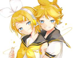  1boy bad_id bad_twitter_id bare_shoulders black_sailor_collar blonde_hair blue_eyes bow commentary female grin hair_ornament hairbow hairclip headphones headset highres hug hug_from_behind kagamine_len kagamine_rin looking_at_viewer neckerchief oerba_yun_fang oyamada_gamata sailor_collar school_uniform shirt short_hair short_ponytail short_sleeves shoulder_tattoo sleeveless sleeveless_shirt smile spiked_hair star_(symbol) swept_bangs tattoo treble_clef upper_body vocaloid white_background white_bow white_shirt yellow_neckerchief 