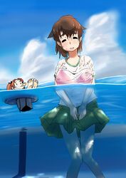  2girls absurdres afloat barefoot bikini blush breasts brown_hair closed_eyes cloud facing_viewer food_in_mouth girls_und_panzer hair_ribbon highres innertube kadotani_anzu koyama_yuzu long_hair multiple_girls oekaki_ojiisan ooarai_school_uniform open_mouth outdoors partially_submerged partially_underwater_shot ponytail ribbon school_uniform serafuku short_hair short_ponytail skirt sky smile swim_ring swimsuit transparent twintails water wet 