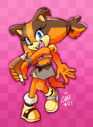  5_fingers anthro badger blue_eyes boomerang clothing female fingers footwear fur hi_res holding_object mammal mustelid musteline sega signature solo sonic_boom sonic_the_hedgehog_(series) sticks_the_jungle_badger teeth the-chu 