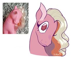  2023 ambiguous_gender blonde_hair equid equine eyelashes feral gem gem_eyes hair hasbro hi_res horse locket_(mlp) mammal mlp_g1 multicolored_hair my_little_pony pink_body pony prick_ears red_eyes sidruni smile snout solo twinkle-eyed 