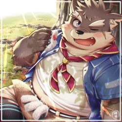  1boy animal_ears animal_nose belly blue_eyes blue_shirt brown_fur dappled_sunlight dog_boy dog_ears eating eyebrow_cut fangs fangs_out food framed furry furry_male hinami_(ryuusei_potechi) light_rays looking_at_viewer male_focus moritaka_(housamo) neckerchief one_eye_closed onigiri open_mouth plump scar scar_on_arm scar_on_cheek scar_on_face scar_on_nose scout_uniform shirt short_hair signature smile snout solo sunlight thick_eyebrows tokyo_afterschool_summoners tree_shade upper_body white_shirt 