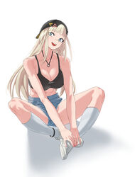  :d absurdres backwards_hat bandaid bandaid_on_face bandaid_on_nose bare_shoulders black_hat black_sports_bra blonde_hair blue_eyes breasts centi_(nikke) centi_(supreme_holiday)_(nikke) cleavage collarbone commentary crop_top denim denim_shorts female full_body goddess_of_victory:_nikke hat highres jewelry kneehighs large_breasts long_hair looking_at_viewer midriff navel necklace open_mouth shadow shoes short_shorts shorts simple_background sitting skindentation skirt smile sneakers socks solo sports_bra striped_clothes striped_socks teeth toho_(ryu0227ryu0227) upper_teeth_only white_background white_footwear white_skirt 