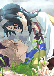  2girls black_flower black_hair blonde_hair blush breasts cleavage cover cover_page flower grey_background grin headband highres kamchatka_lily lily_(flower) long_hair lying medium_hair menou_(virgin_road) multiple_girls neck_ribbon novel_cover on_back on_grass on_ground purple_eyes red_ribbon ribbon shirt shokei_shoujo_no_virgin_road smile straddling tokitou_akari undone_neck_ribbon white_shirt yonaga_nagaduki yuri 