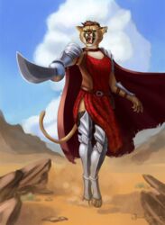  angry anthro armor breasts claws cloak clothed clothing cougar digital_media_(artwork) ear_piercing felid feline female hair hi_res holding_object holding_weapon jakeseeker looking_at_viewer mammal melee_weapon piercing sabre_(weapon) satchel simple_background solo standing sword tongue topwear weapon 