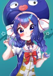  absurdres ahoge asteroid_stella band_uniform blue_eyes blue_hair blue_headwear blue_nails blush bow bowtie braid collar commentary eel_hat eighth_note female frilled_collar frills highres large_hat medium_hair musical_note otomachi_una otomachi_una_(sugar) red_bow sailor_collar short_sleeves smile solo twin_braids twirling_hair upper_body vocaloid white_sailor_collar 