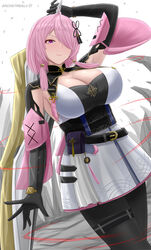  absurdres archstreal arm_up belt black_belt black_gloves black_pantyhose blush breasts cleavage closed_mouth commentary elbow_gloves english_commentary female gloves hair_ornament hair_over_one_eye highres holding large_breasts looking_at_viewer medium_hair one_eye_covered pantyhose pink_hair purple_eyes smile solo tacet_mark_(wuthering_waves) taoqi_(wuthering_waves) white_background wuthering_waves 