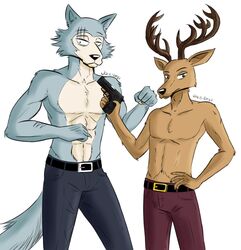  2021 5_fingers abs absurd_res anthro antlers arm_scar athletic athletic_anthro athletic_male beastars belt black_nose bottomwear brown_body brown_fur canid canine canis cervine claws clothed clothing countershade_face countershade_torso countershading deer digital_media_(artwork) duo eye_scar facial_scar finger_claws fingers fur grey_body grey_fur gun hand_on_hip hand_on_own_hip handgun hi_res holding_gun holding_handgun holding_object holding_pistol holding_ranged_weapon holding_weapon horn humanoid_hands jde10 legoshi_(beastars) looking_at_viewer louis_(beastars) male mammal multicolored_body multicolored_fur navel pants pistol ranged_weapon red_deer scar signature simple_background standing tan_body tan_countershading tan_fur topless topless_male trigger_discipline two_tone_body two_tone_fur weapon white_background wolf 