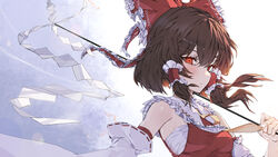  ascot bare_shoulders blush bow brown_hair commentary detached_sleeves female frilled_shirt_collar frills gohei hair_between_eyes hairbow hakurei_reimu looking_at_viewer mont_blanca nontraditional_miko red_bow red_eyes red_shirt shirt short_hair sidelocks sleeveless sleeveless_shirt solo touhou white_sleeves yellow_ascot 