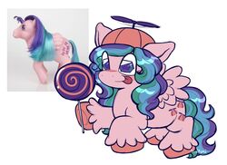  2023 blue_hair candy clothing cutie_mark dessert equid equine feathered_wings feathers female feral food fur gem gem_eyes green_hair hair hasbro hat hat_only headgear headgear_only headwear headwear_only hi_res hooves lollipop mammal mlp_g1 mostly_nude multicolored_hair multicolored_tail my_little_pony mythological_creature mythological_equine mythology pegasus pink_body pink_fur propeller_hat purple_hair sidruni smile solo tail tongue tongue_out twinkle-eyed whizzer_(mlp) wings 