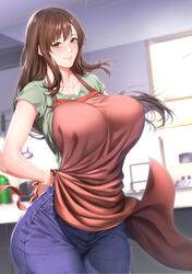  apron arms_behind_back blue_pants blurry blurry_background blush breasts brown_eyes brown_hair collarbone commentary_request cover cover_page cowboy_shot denim female green_shirt hair_between_eyes housewife indoors jeans kitchen large_breasts long_hair looking_at_viewer mature_female mole mole_under_eye novel_cover official_art original pants shirt short_sleeves smile solo textless_version zucchini 