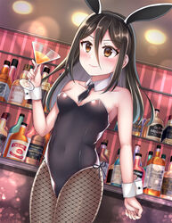  alternate_costume animal_ears bare_shoulders black_hair black_leotard bottle bow bowtie brandy breasts brown_eyes brown_pantyhose commentary_request covered_navel cowboy_shot cup detached_collar drinking_glass dutch_angle fake_animal_ears female fishnet_pantyhose fishnets hair_between_eyes highleg highres kurume_sml leotard long_hair morag_ladair_(xenoblade) pantyhose playboy_bunny rabbit_ears side-tie_leotard small_breasts smile solo standing strapless strapless_leotard wine_glass wrist_cuffs xenoblade_chronicles_(series) xenoblade_chronicles_2 