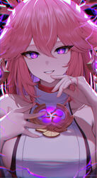  :d bare_shoulders blush breasts collarbone day electricity eyelashes female finger_to_mouth genshin_impact hair_ornament hand_on_own_chest jewelry kohanayuki long_hair looking_at_viewer necklace outdoors parted_lips pink_hair purple_eyes sideboob sleeveless smile solo sunlight upper_body yae_miko 