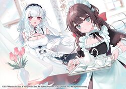  2girls apron aqua_eyes azur_lane black_hair breasts chestnut_mouth cleavage cleavage_cutout closed_mouth clothing_cutout dress elbow_gloves glasgow_(azur_lane) gloves hairband holding indoors large_breasts long_hair looking_at_viewer low_twintails maid maid_apron maid_headdress multiple_girls official_art open_mouth puffy_short_sleeves puffy_sleeves red_eyes saku_nosuke scylla_(azur_lane) short_sleeves twintails white_dress white_gloves white_hair white_hairband wristband 