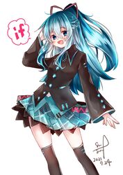  absurdres aqua_eyes aqua_hair aqua_skirt black_shirt black_thighhighs blush braid commentary contrapposto cowboy_shot dated female french_braid hair_ribbon hand_on_own_head hand_up hatsune_miku hatsune_miku_(if) highres long_hair looking_at_viewer miniskirt open_mouth plaid plaid_skirt pleated_skirt ponytail ribbon shimashiro_itsuki shirt signature skindentation skirt smile solo speech_bubble standing thighhighs vocaloid white_background 