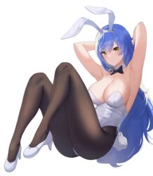  absurdres animal_ears armpits arms_behind_head ass black_bow black_bowtie black_pantyhose blue_hair bow bowtie breasts detached_collar dobure18 fake_animal_ears fake_tail female girls&#039;_frontline hair_between_eyes high_heels highleg highleg_leotard highres large_breasts leotard long_hair looking_at_viewer official_alternate_costume pantyhose parted_lips playboy_bunny rabbit_ears rabbit_tail side-tie_leotard simple_background solo strapless strapless_leotard sweat tail tar-21_(girls&#039;_frontline) tar-21_(night_at_the_bar)_(girls&#039;_frontline) very_long_hair white_background white_footwear white_leotard yellow_eyes 